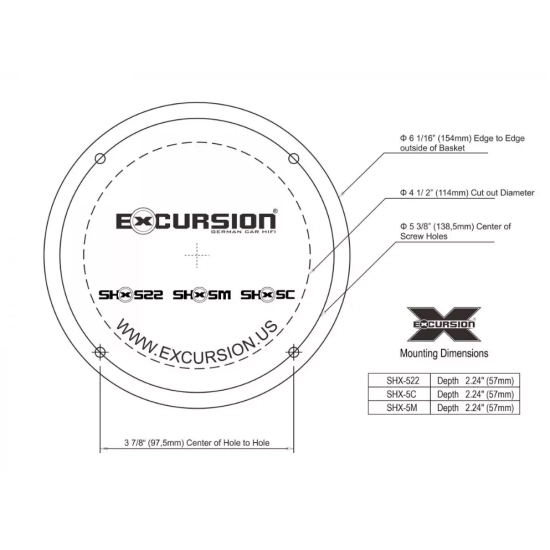 Excursion SHX-522  2-drożne współosiowe głośniki samochodowe o średnicy 130mm, tweetery 19mm - 3ohm, 60/150W, 89dB, 55-20000Hz, głębokość 57mm